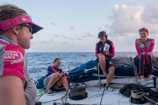 Onboard Team SCA – The girls take five to enjoy the sunset, the champagne conditions and a good laugh - Leg six to Newport – Volvo Ocean Race © Corinna Halloran / Team SCA